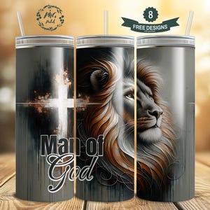 Mann Gottes Löwe und Kreuz Becher, christliche Stärke 20 Unzen Skinny Tumble Wrap Sublimation Design Digitaler Download PNG Instant DIGITAL NUR