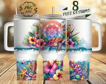 Bicchiere da 40 once con tartaruga marina, oceano tropicale, spiaggia, design a sublimazione, download digitale PNG, SOLO DIGITALE, bicchiere con manico avvolgente
