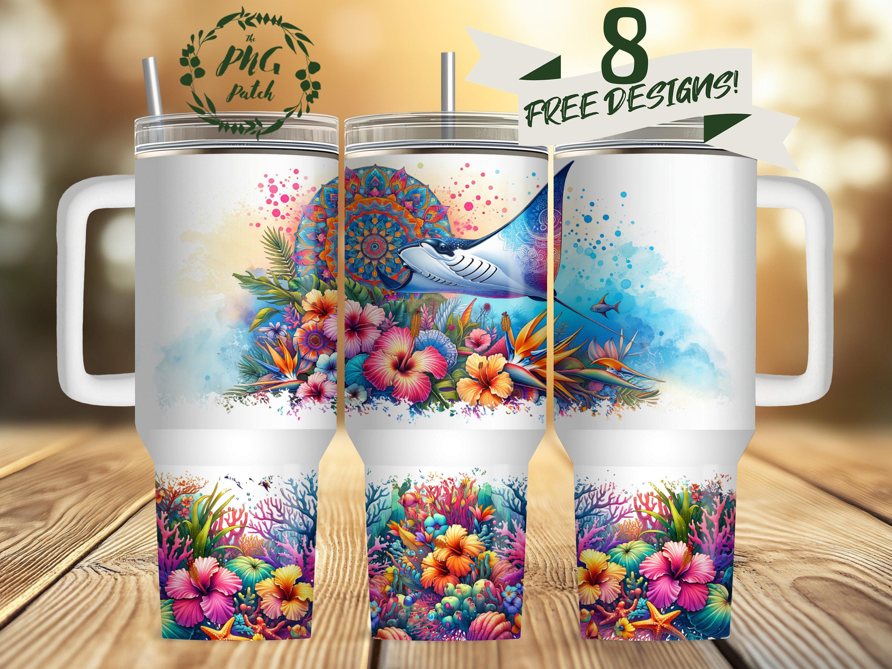 Bicchiere da 40 oz Mandala Stingray Tropical Ocean da 40 oz Design a sublimazione Download digitale PNG SOLO DIGITALE istantaneo, bicchiere con manico avvolgente