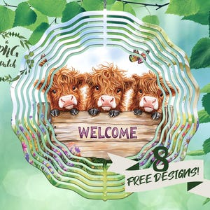 Bienvenue vaches Highland au printemps Meadow Wind Spinner PNG, modèles de girouette, hélice à sublimation, fichier hélice à vent, usage Commercial
