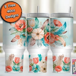 Pastel Flower Wrap, Boho Floral Feather 40 oz Tumbler Sublimation Design Digital Download PNG Instant DIGITAL ONLY, Tumbler with Handle Wrap
