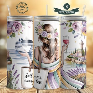 Navega más, preocúpate menos en un crucero europeo. Vaso delgado de 20 oz. Diseño de sublimación. Descarga digital PNG. SOLO DIGITAL. Envoltura para vaso.