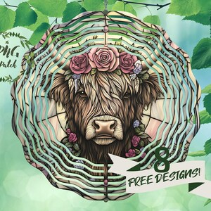 Stained Glass Highland Cow with Floral Crown Wind Spinner PNG Wind Spinner Designs Sublimation Wind Spinner Wind Spinner File Commercial Use