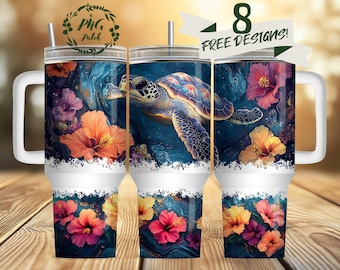 Tumbler da 40 once con tartaruga Tumbler da 40 once con design a sublimazione, estate tropicale, download digitale PNG, SOLO DIGITALE, Tumbler con manico