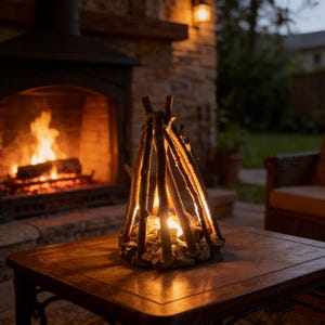 Könnte beinhalten: Ein dekoratives Tischfeuer aus Holzstücken, die in Form eines Tipi angeordnet sind. Das Innere leuchtet mit warmem Licht und simuliert Flammen. Das Feuer steht auf einem dunkelbraunen Tisch vor einem Kamin.