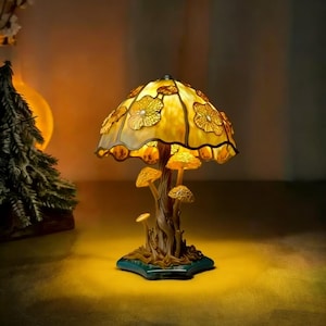 Champignon clair noir doré 3D Table de bureau moderne confortable, lumière magique en résine, cadeau fête des mères, décoration vintage, petite lampe champignon