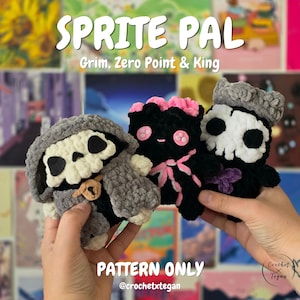 May include: Three crocheted plush figures labeled Sprite Pal, Grim, Zero Point & King. The left figure is a gray hooded skeleton, the center is a black creature with pink accents, and the right is a white skeleton wearing a gray crown.