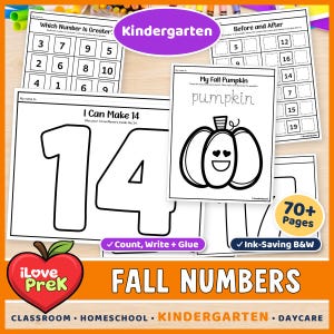 May include: A collection of black and white kindergarten educational worksheets featuring math exercises, number tracing, and a pumpkin illustration with heart-shaped eyes. The pages include text such as Which Number Is Greater, Before and After, My Fall Pumpkin, and I Can Make 14.