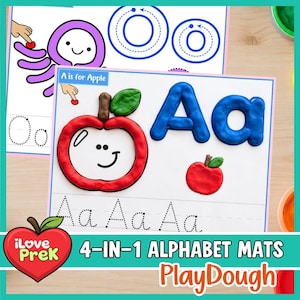 May include: A printable educational mat featuring the letter A in uppercase and lowercase formed with blue playdough, a red playdough apple, and dotted lines for tracing the letter A. The text A is for Apple is printed in a blue box on the page.