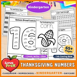May include: A collection of black and white educational worksheets for kindergarteners featuring math and counting exercises. Pages include titles like Ten and Some More, Sixteen Bread Loaves, My Thanksgiving Corn, and Color Just Enough.