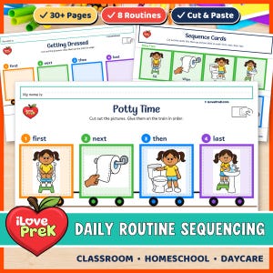 May include: Educational activity sheets for children featuring Potty Time and Getting Dressed sequences. Each page includes a train graphic with four numbered boxes for cutting and pasting illustrations of daily routines in chronological order.