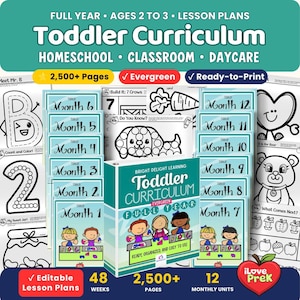 May include: A toddler curriculum set featuring 12 monthly units, 2,500+ pages, and 48 weeks of lesson plans. The cover displays the text Toddler Curriculum, Full Year, and Bright Delight Learning with illustrations of children.