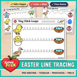 Pode incluir: Três folhas de atividades educativas para crianças com exercícios de traçado de linhas. A folha central intitulada Tiny Chick Loops mostra pintinhos amarelos e um pato ligando-se a ninhos de ovos azuis com linhas pontilhadas.