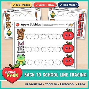 May include: A set of educational worksheets for children featuring line tracing activities. The pages include illustrations of animals like squirrels, rabbits, and frogs, alongside apples and pencils. Text includes titles like Apple Bubbles and Zigzag Pencils.