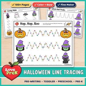 Op de afbeelding: Drie educatieve werkbladen voor Halloween-lijntracering met kleurrijke illustraties van pompoenen, heksen en zwarte katten. De pagina's bevatten stippellijnen om te volgen en teksten zoals Candy Slide, Witch Hat Peaks en Hop, Hop, Boo.