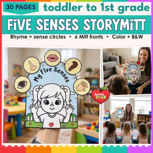 May include: A 30-page educational activity set titled Five Senses Storymitt for toddlers to 1st grade. It includes a central mitt cutout featuring a cartoon character and five circular icons representing sight, smell, taste, hearing, and touch.