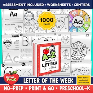 May include: A collection of educational worksheets and a binder titled A-Z Complete Letter Of The Week, featuring 1000 pages of alphabet activities, coloring pages, and tracing exercises for preschool and kindergarten students, with assessment included.