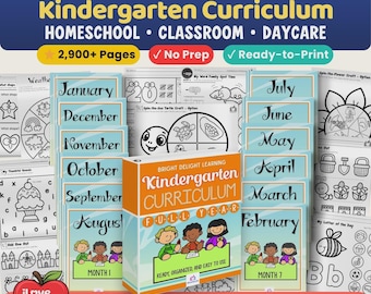 Kindergarten Curriculum Full-Year, No-Prep 2900+ Pages, Lesson Plans, Worksheets, Crafts, Homeschool, Classroom & Daycare SoR-Aligned