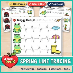 May include: Educational worksheets for children featuring spring-themed line tracing activities. The pages include illustrations of ladybugs, snails, and frogs with dotted lines to trace, labeled with text such as Ladybug Loops and Froggy Hiccups.