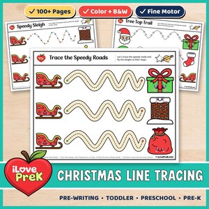 Può includere: Un set di schede didattiche a tema natalizio per tracciare linee, con illustrazioni di slitte rosse, un regalo verde, un camino in mattoni e un sacco rosso. Le pagine includono linee ondulate tratteggiate e testi come Speedy Sleigh, Tree Top Trail e Trace the Speedy Roads.