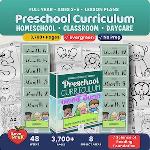 May include: A preschool curriculum set featuring a binder and printed lesson plan pages for ages 3-5. The materials include 3,700+ pages covering 48 weeks and 8 subject areas, with black and white activity sheets showing letters, shapes, and animals.