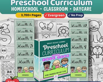 Peut inclure: Un ensemble de programme préscolaire comprenant un classeur et des fiches de cours pour les 3-5 ans. Le matériel contient plus de 3 700 pages sur 48 semaines et 8 matières, avec des feuilles d'activités en noir et blanc illustrant des lettres.
