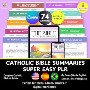 Puede incluir: Un producto digital con 74 resúmenes de la Biblia católica, presentado en una tableta y un teléfono inteligente. El diseño incluye pestañas coloridas, el texto "THE BIBLE IN 74 SUMMARIES" y las palabras "Catholic Edition." Incluye archivos en inglés, español y portugués.