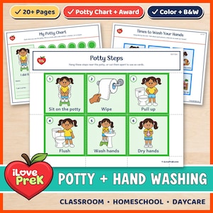 Puede incluir: Un conjunto de hojas educativas imprimibles que incluyen una guía de pasos para ir al baño con seis paneles ilustrados que muestran a un niño usando el inodoro, limpiándose, subiéndose los pantalones, tirando de la cadena, lavándose y secándose las manos.