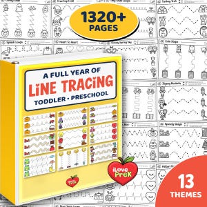 Peut inclure: Un classeur jaune intitulé A FULL YEAR OF LINE TRACING TODDLER PRESCHOOL, contenant plus de 1320 pages de feuilles d'exercices éducatives avec des lignes pointillées à tracer, des icônes saisonnières et un logo pomme iLovePreK.