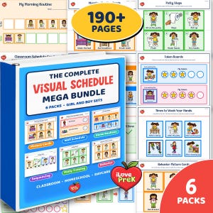 May include: A blue binder titled The Complete Visual Schedule Mega Bundle 6 Packs Girl and Boy Sets, surrounded by various educational printable pages featuring colorful illustrations of daily routines, potty steps, and token boards.