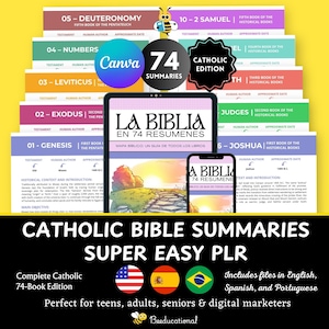 Resúmenes de los 74 libros de la Biblia católica | Súper fáciles de entender | Inglés, español, portugués | Guía bíblica rápida y concisa - PLR editable