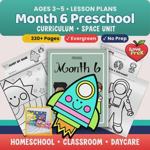 May include: A preschool curriculum titled "Month 6 Preschool" with a space theme. The cover features a rocket ship illustration. Includes lesson plans, coloring pages, and the text "330+ Pages", "Evergreen", and "No Prep".