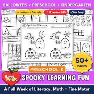 May include: A collection of black and white educational worksheets for Halloween, featuring activities like Spot the Difference, shape mazes, and letter sounds. The pages include illustrations of bats, ghosts, pumpkins, and spiders, with text labels like Spooky Learning Fun and 50+ Pages.