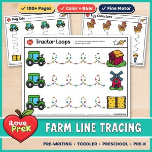 Può includere: Un set di schede didattiche per il tracciamento di linee a tema fattoria, con illustrazioni di trattori verdi, fienili rossi, mulini a vento e balle di fieno. Le pagine includono percorsi tratteggiati da seguire e il testo Tractor Loops.