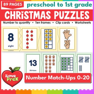 Puede incluir: Conjunto educativo imprimible titulado 89 PAGES preschool to 1st grade CHRISTMAS PUZZLES Number Match-Ups 0-20. Incluye tarjetas con números, adornos rojos, marcos de diez, gestos con las manos, hombres de jengibre y marcas de conteo.