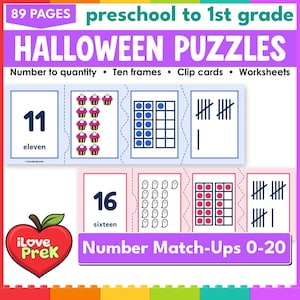Puede incluir: Set educativo de puzzles de Halloween para preescolar y 1º de primaria con 89 páginas. Incluye emparejamiento de números del 0 al 20, marcos de diez, tarjetas y fichas con cupcakes, fantasmas, marcas de conteo y números en azul y rosa.