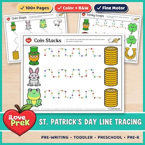 Pode incluir: Três folhas de atividades educativas para exercícios de traçado de linhas do Dia de São Patrício. Cada página apresenta ilustrações coloridas de duendes, coelhos, sapos e ovelhas, com caminhos pontilhados para seguir até moedas de ouro.