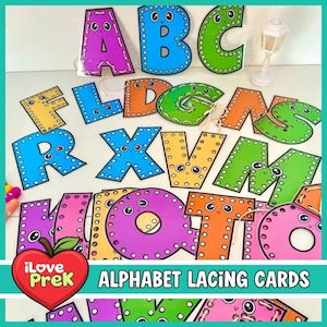 May include: A collection of colorful alphabet lacing cards featuring letters A through Z in various shades of pink, blue, green, orange, and yellow. Each letter has a cartoon face with large eyes and a series of holes along the edges for lacing.