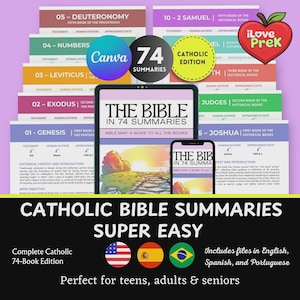May include: A digital collection of Catholic Bible summaries featuring a tablet and smartphone displaying the title The Bible in 74 Summaries. The background shows stacked colorful cards for various books of the Bible with text and illustrations.