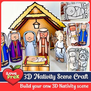 Op de afbeelding: Een 3D-kerststal knutselset met een papieren achtergrond van een stal en verschillende papieren figuren in cartoonstijl, waaronder een baby in een kribbe, een engel en diverse personages. De set bevat gekleurde en zwart-witte sjablonen.
