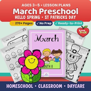 March Preschool Curriculum, 220+ Pages, Spring Activities, Pre-K Lesson Plans, Ages 3-5 No Prep Printable
