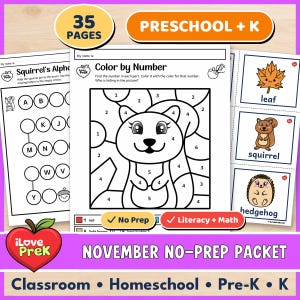 Preescolar Pre-K Kindergarten Noviembre Paquete sin preparación, Hojas de trabajo de alfabetización y matemáticas de otoño, Educación en el hogar, Centros