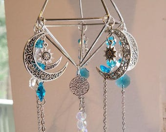 Blue Glass Crystal Suncatcher: Moon & Star Prism, Rainbow Maker (14" Long)