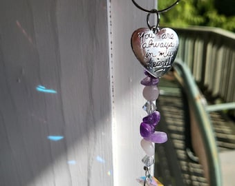 Crystal, Amethyst and Rose Quartz Suncatcher: Creates rainbows of light in the sun. 12" long.