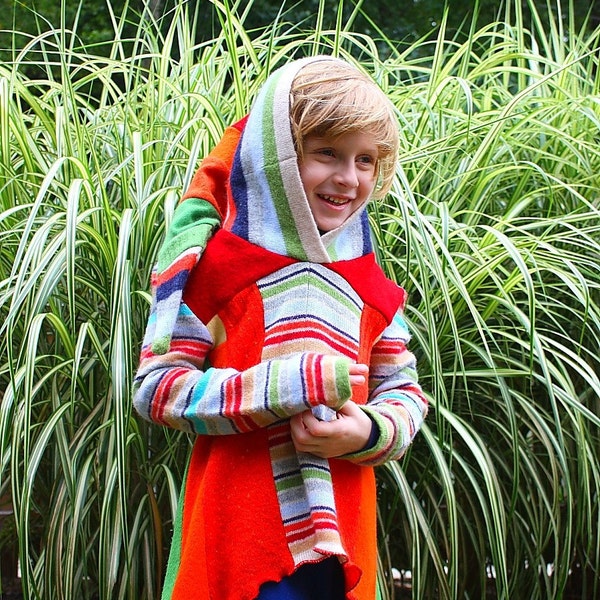 Crazy Stripe Medieval Tunic  with Liripipe Hood- Upcycled Felted Lambswool Patchwork Sweater Coat