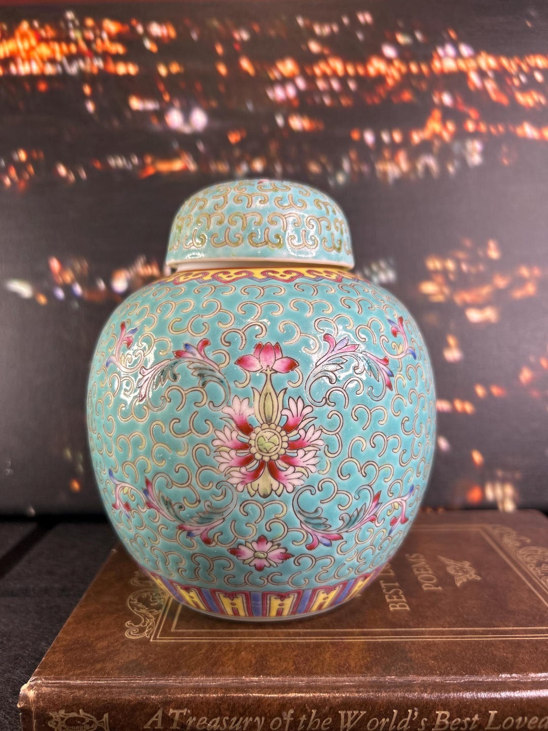 Chinese Ceramic Ginger Jar Hand Painted Asian Vintage Decor Floral