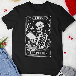 The Reader Tarot Card Vintage T-Shirt, Skeleton Reading Shirt, Unisex Tarot Card Shirt, Book Lover Gift, Halloween Tee, Tarot Lover Gift