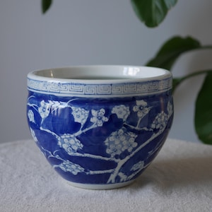 Blue And White Porcelain Cachepot, Chinese Prunus Blossom Jardiniere, Vintage Chinoiserie Planter Pot