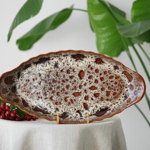 Vintage Foster’s Pottery Cornishware Lava Glaze Oval Platter, 1970s Brown and Cream Honeycomb Mottled Ceramic Serving Dish, Retro Tableware