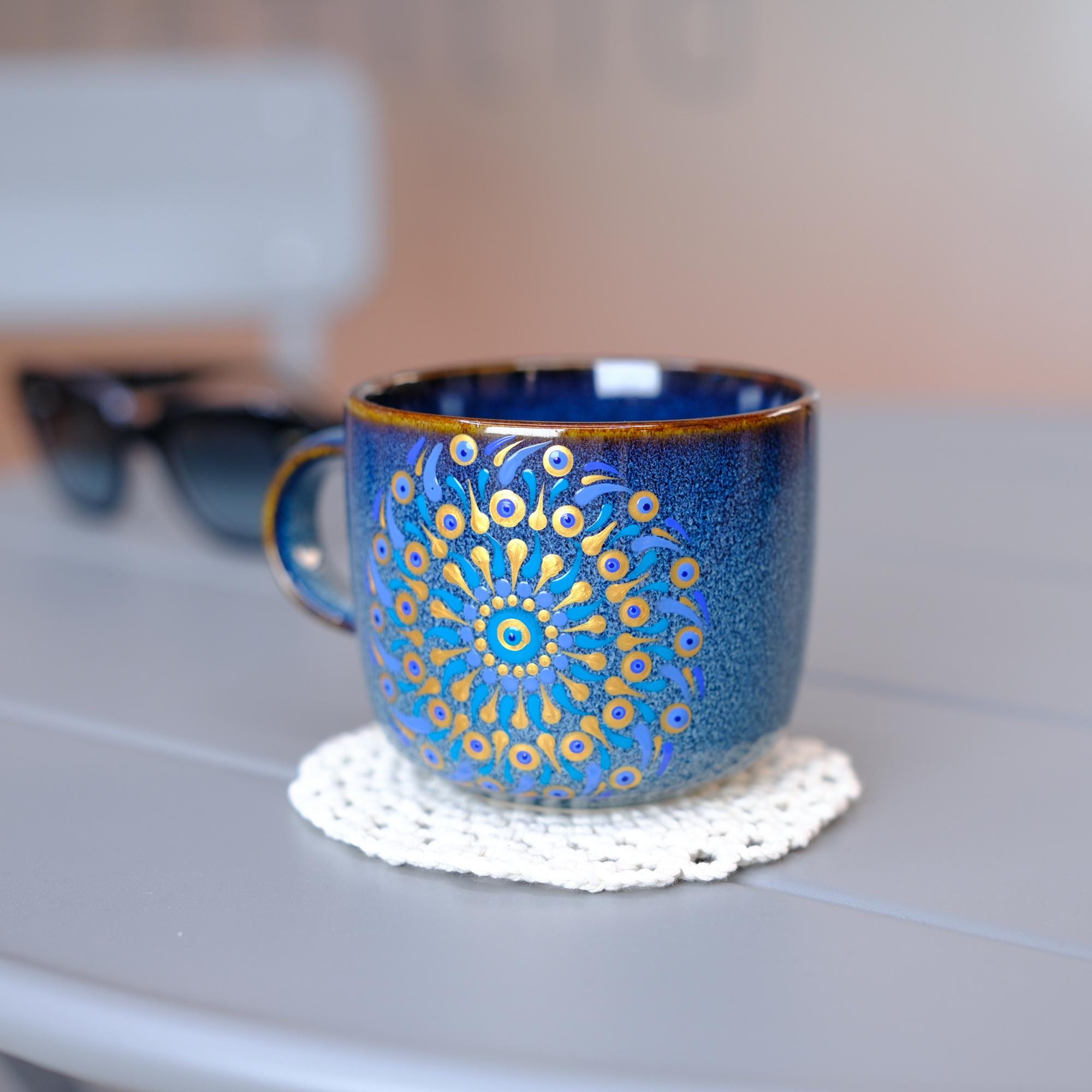 Handmade Mandala Coffee Mug: Sacred Geometry Dot Art, 14 Oz Ceramic Cup